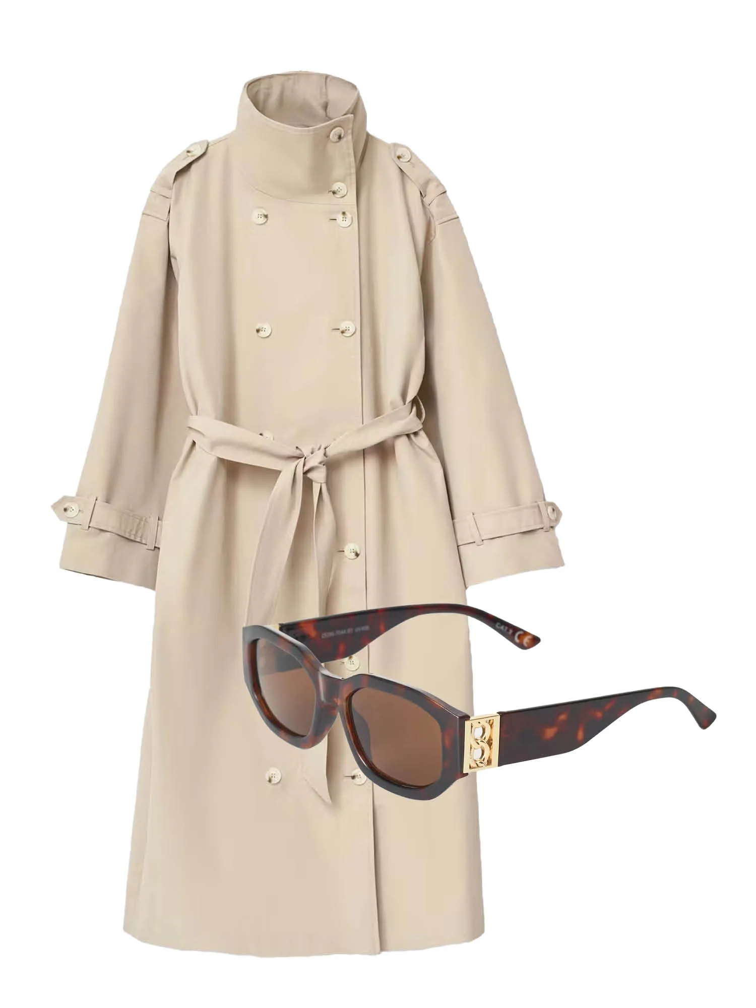 Vårens trendplagg fra CC Strandtorget – trend trenchkåpe med "funnel neck" og smale solbriller