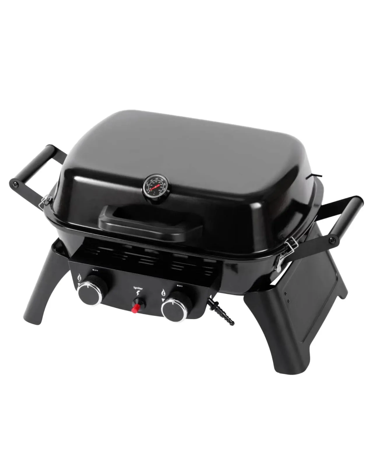 Liten, portabel gassgrill, 2 brennere og termometer fra Clas Ohlson på CC